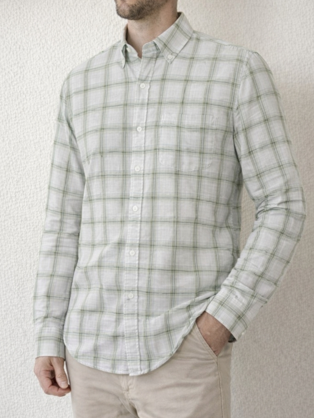 Bonobos Tailored Fit Shirt Mens Size Large Long Green White Plaid Button Down